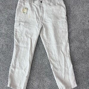 NWT! Caribbean 100% Linen Oatmeal Elastic Drawstring Waist Cargo Pants Mens46*32
